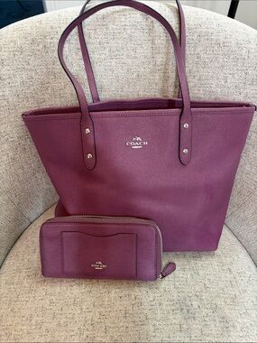 Coach Plum Leather Tote with Matching Zip Wallet